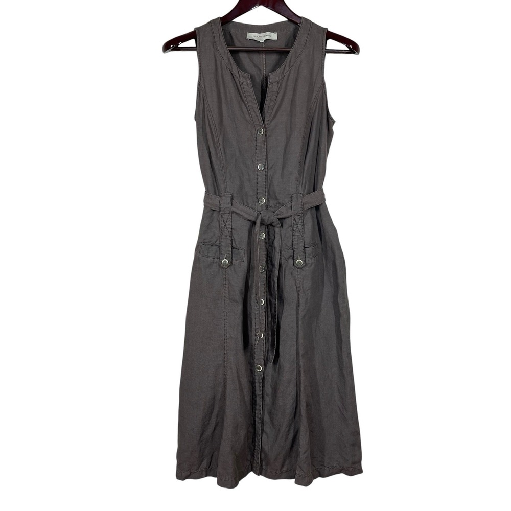 Gerard Darel Sleeveless Button Front Midi Dress Size 6 Taupe 100% Linen Safari